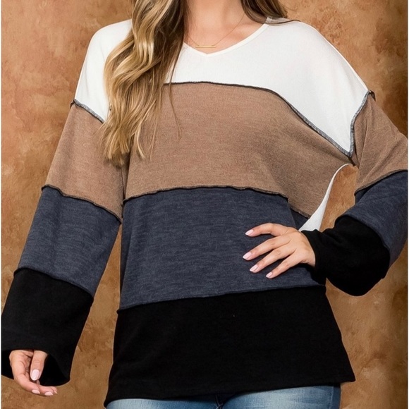 Perfect Peach Sweaters - Clearance! REVERSED COVERSTITCH COLOR BLOCK TOP- BEIGE-CAMEL-NEW CHARCOAL-BLACK